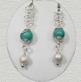 Turquoise&silver gridlock chainmaille earrings set